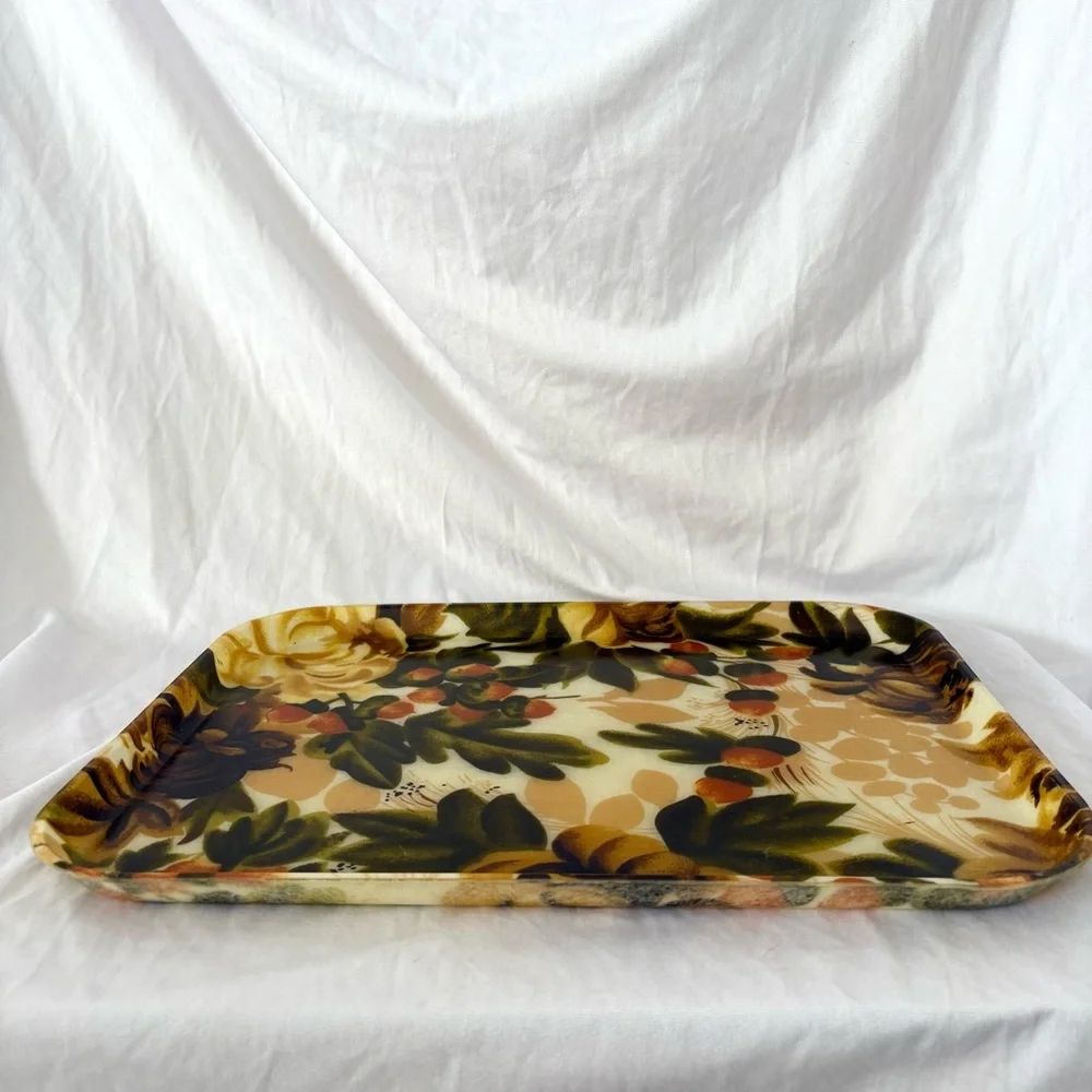 Vintage 70s floral fiberglass tray warm tone home decor accent vanity